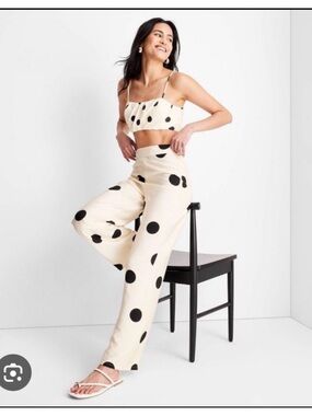 High-Waist Wide-Leg Polka Dot Pants in Cream